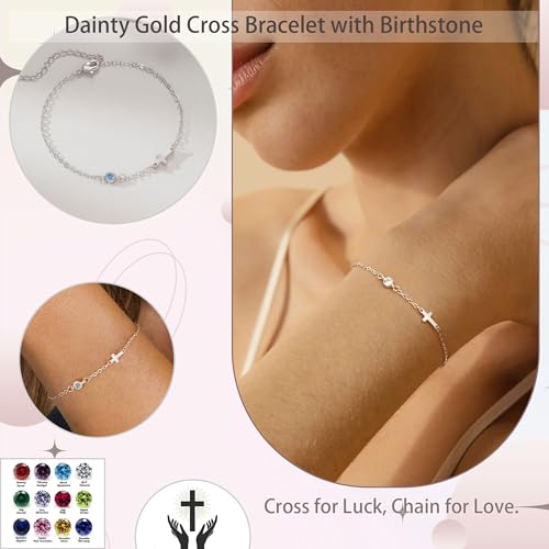 Cross Bracelet with Birthstone Dainty Gold Bracelets for Women Birthday Gift Christian Gifts for Her Religious Faith Baptism Confirmation Gifts for Teen Girls Christmas Jewelry for Sister Daughter Granddaughter Girlfriend