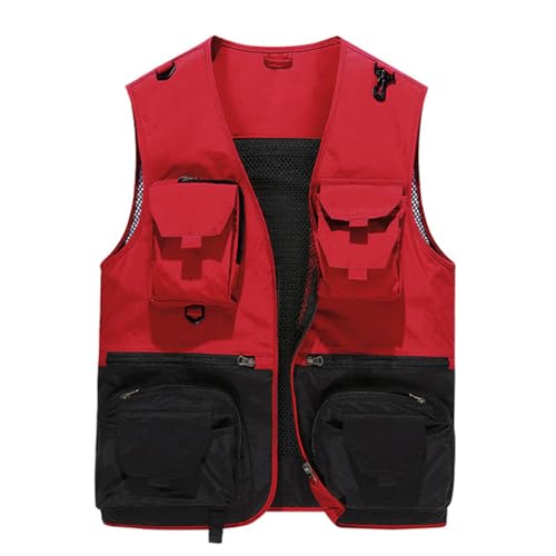 YOUTHUP - YOUTHUP Gilet Homme Multifonction Multi-Poches Veste Respirant Léger pour Pêche Randonnée Safari Voyage, Rouge, XL
