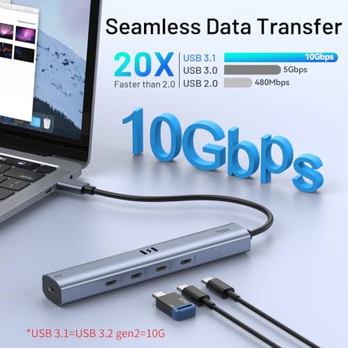 Image of 10Gbps USB C Hub with 4K@60Hz Video Display, Selore 5 Ports USB-C Splitter, C Port Data Transfer, 100W PD-in Charging, Dongle Multiport Adapter for MacBook Pro, iPad, Dell, HP, and More