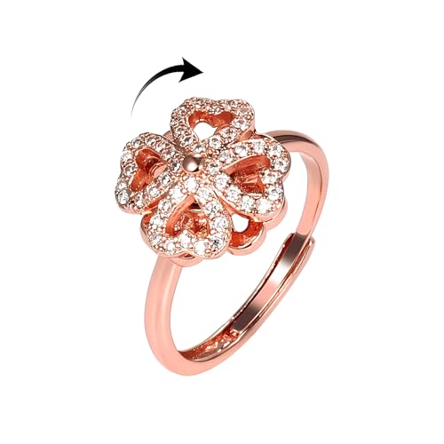 Bague ouverte en forme de trèfle à quatre feuilles, plaqué argent avec cristaux CZ rotatifs pour soulager l'anxiété – Réglable empilable fleur...