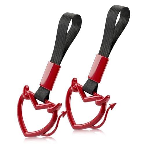 Image of 2 Pcs Devil Heart Shaped Car Handle Strap - JD M Drift Charm Rear Bumper Warning Ring Decor for Car Interior Exterior, Subway Bus Handle Accessory, Cute Heart Car Decor Gift (Red-Tail)