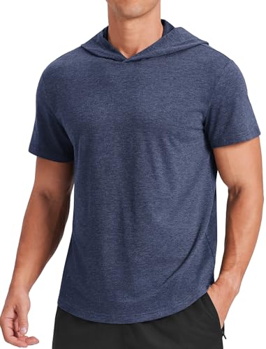 PINSPARK Short Sleeve Hoodies for Men Lightweight Pullover - Quick-Dry Athletic Hooded T-Shirt for Gym Workout Fitness Navy Blue