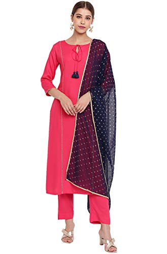 Image of Janasya Women's Turquoise Blue Rayon Kurta With Pant And Dupatta