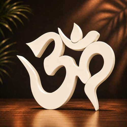 Image of Mad Masters Om Hindu Religious Table Decor - Aesthetic Desk, Shelf & Wall Showpiece for Home, Mandir, Office, Business | Vastu Friendly Gift, Soft Ivory (15.2 x 12.7 x 2.5 cm)