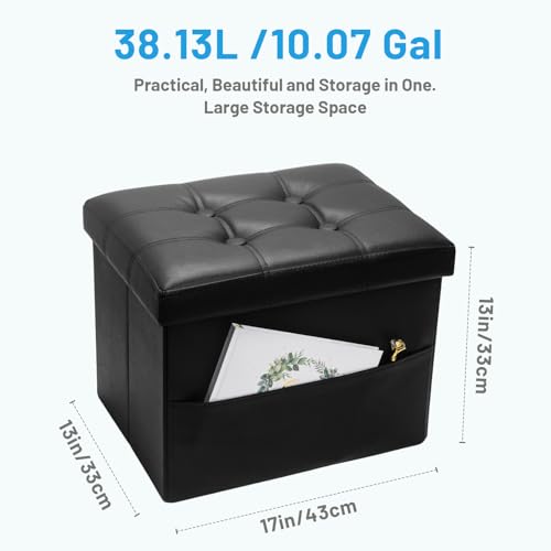 Image of Bsketa Storage Ottoman Bench,17 Inch Folding Leather Foot Rest Stool, Black | Small Ottoman with Side Pockets, Thicker Foam Padded Seat, Livingroom, Dorm, Bedroom, Easy to install, 43L,17x13x13in