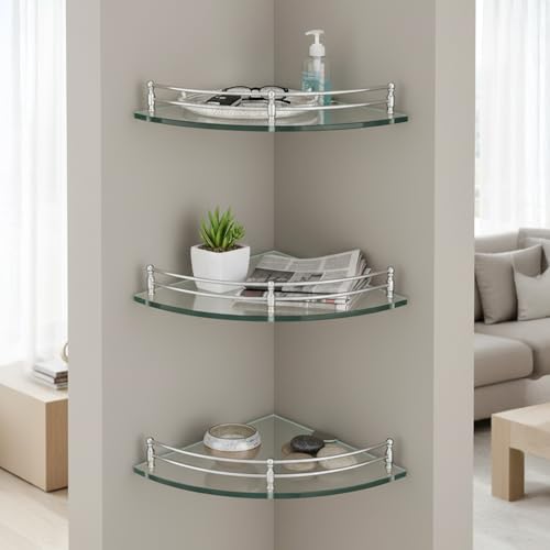 Image of Amazon Basics Glass Bathroom Corner Shelf with Stainless Steel Railings | Pack of 3 | Transparent | 9x9 Inch | Rust-Resistant Space-Saving Storage | 23D x 23W x 6H cm