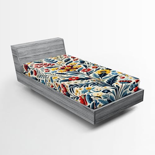 Ambesonne Mexican Floral Fitted Sheet, Colorful Art Delicate Spring Composition of Leafy Flowers Nature, Bed Cover with All-Round Elastic Deep Pocket for Comfort, Twin Size, Blue Dark Pink Mustard