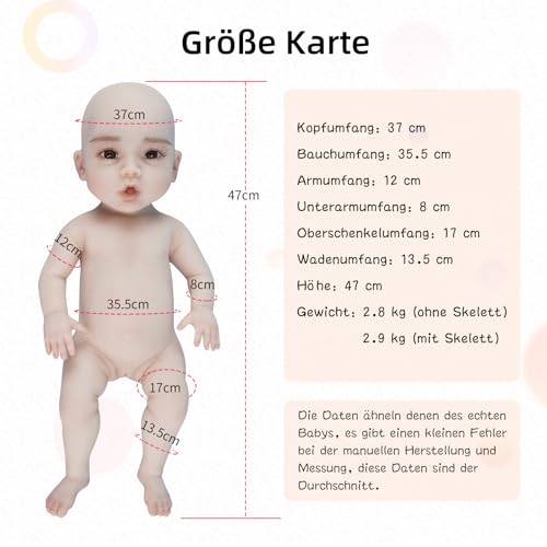 MOTLEYBEAN 18.5 Zoll Silikon Reborn Babypuppe realistische Ganzkörper Babypuppen aus weichem Silikon kein Vinyl lebensechte Puppen waschbar (Mädchen - mit Skelett - braune Haare) – Bild 7