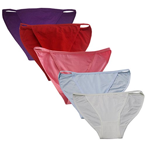 YOYI FASHION Soft Cotton Low Rise String Bikini 5 Packs Cream/Red/Watermelon/Purple/Light Blue X-Large/8