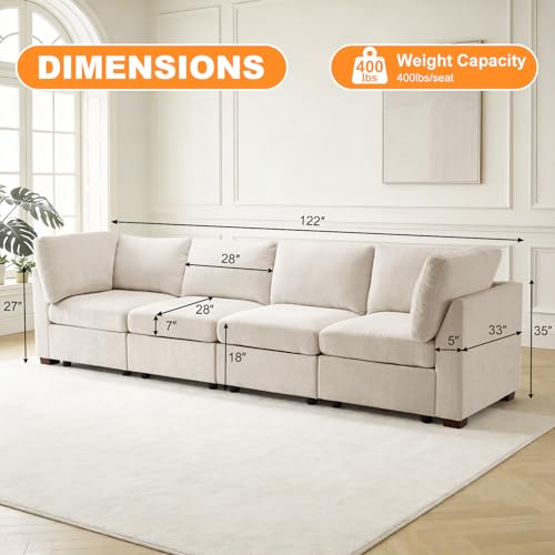Image of TEKAMON 122 inch Modern Sofa Modular Sectional Couch, 4-Seat Chenille Deep Seat Sofa for Living Room, Bedroom and Apartment, Beige