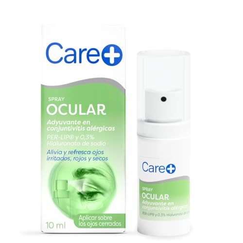 Care+, Spray Ocular, 10ml, Adyuvante en Conjuntivitis Alérgicas, 0.3% Hialuronato de Sodio, Spray para Ojos Irritados y Secos, alivio fatiga ocular, sin contacto