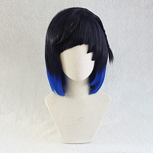 EYAPPEW Yelan, Cheveux Courts Noirs avec des Reflets Bleus, genshin Impact, Cosplay Festival Party Prom Dress up, Mode Simulation résistant à la Chaleur Perruque de Soie, Jeu Anime Perruque
