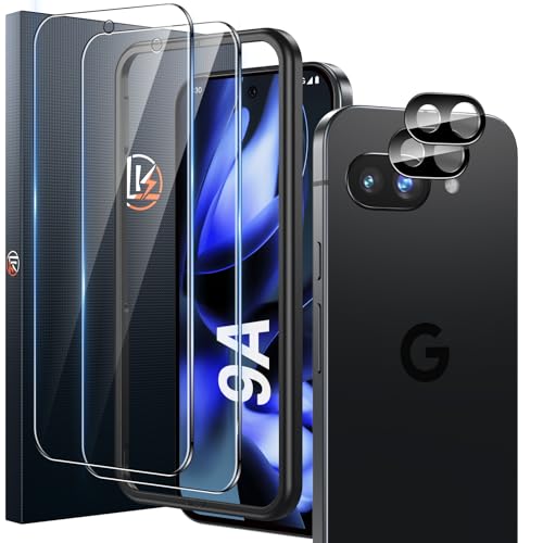 LK Panzer Schutz Glas für Google Pixel 9a Schutzfolie 2 Schutzglas und 2 Kameraschutz Bruchsicher Kratzfest 9H Härte Folie [unterstützt Fingerabdruck-ID] Rahmen-Installationshilfe HD Displayschutz