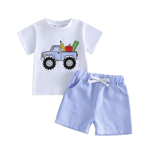 Kavousa Toddler Boy School Kindergarten Pre K Outfit Crew Neck Short Sleeve Top and Shorts Set Baby Summer Clothes (Blue car 5-6 Years)