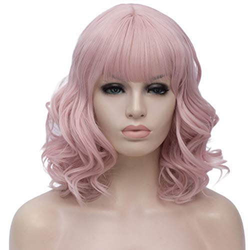 ATAYOU® 14 Zoll Gewellte Frauen Synthetische Kurze Bob Rosa Cosplay Perücke mit Pony Enthalten Perücke Kappe (Rosa)