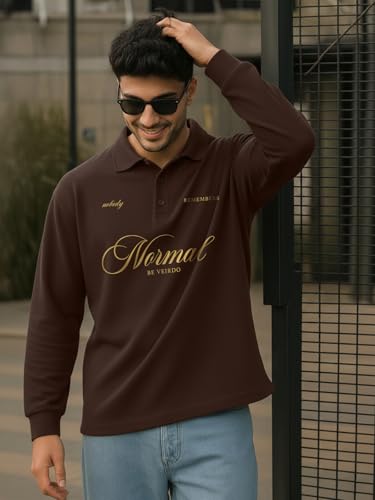 Image of Veirdo Men's Loopknit Cotton Oversized Baggy Fit | Full Sleeve Polo T-Shirt | Casual Streetwear with Ribbed Cuffs Travel | Sizes: S to XXL