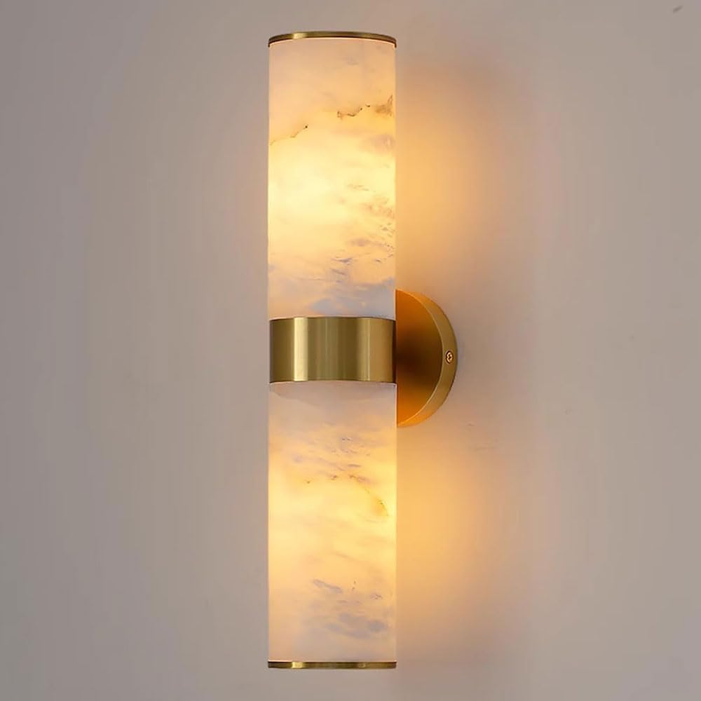 JISHUBO 17.3 Inch Cylindrical Alabaster Wall Lamp, Nordic Minimalist Style Copper Wall Light, Hardwired Indoor Wall Sconce, Restaurant Balcony Bedroom Wall Mounted Light Fixtures