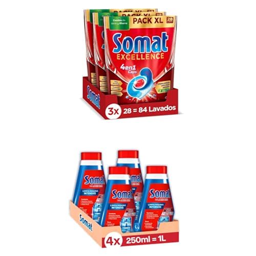 Somat Excellence 4en1 Caps (84 unidades) pastillas del lavavajillas + Somat Limpia Máquinas Aditivo Lavavajillas (pack de 4, total: 1000 ml) para el interior de la máquina, eficaz limpiador
