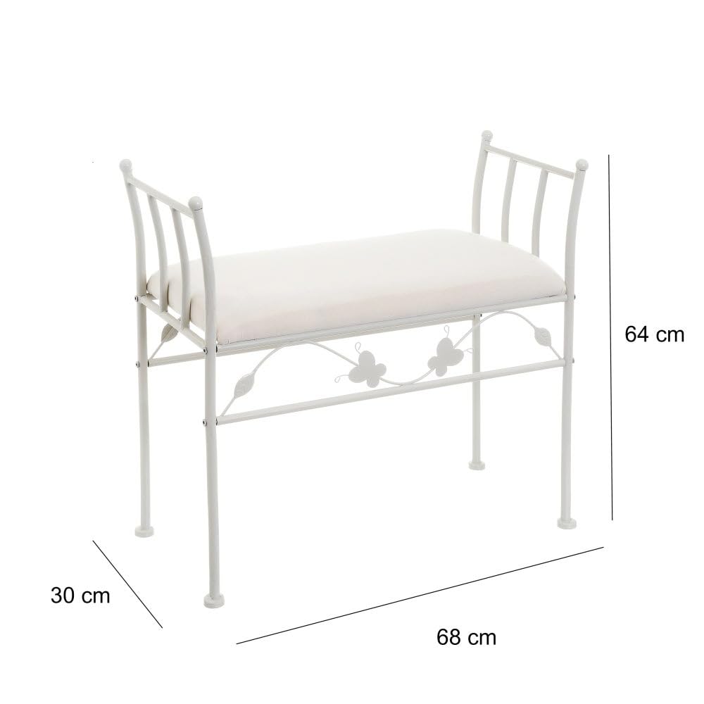 LOLAhome - Banqueta para pie de Cama de Metal Blanco y Asiento de Lino Beige. Taburete para Dormitorio o vestidor de 68 cm de Largo y 30 cm de Ancho. Altura Asiento 46 cm. Altura Total 64 cm
