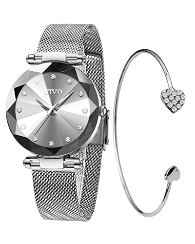 CIVO Montre Femme Argent Élégante avec Bracelet Milanais Cadran Rond Cristaux Cadeau Parfait pour Elle
