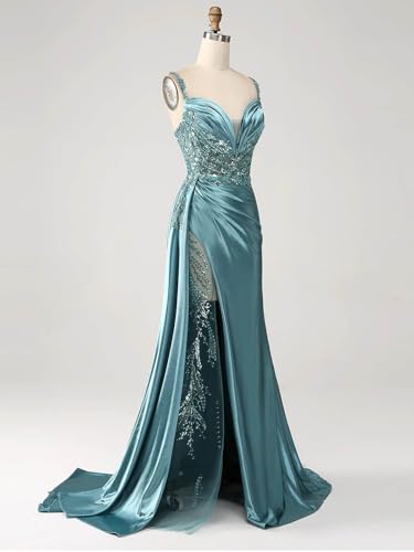 SOLODISH Spaghetti Straps Satin Mermaid Prom Dresses Long Lace Applique Formal Evening Gown4