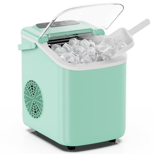 Image of DUMOS Ice Makers Countertop Ice Machine with Portable Handle Compact Size | 9 Bullet Cubes in 8 Mins, 26lbs in 24 Hours, Self-Cleaning, with Basket and Scoop, for Home, Kitchen, RV, Camping, Green