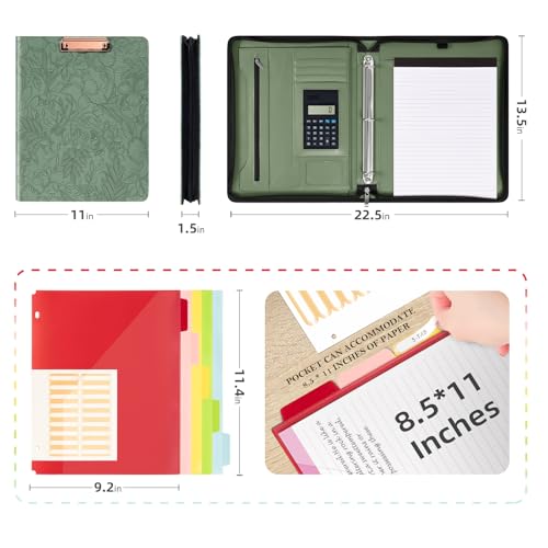 Image of Ospelelf Green Leather Portfolio Binder 3 Ring, Zippered Clipboard Folder with Storage - 5 Dividers with Pocket, Padfolio for Women,12.1 inch Tablet Sleeve, Refillable Notepad, Card Slot
