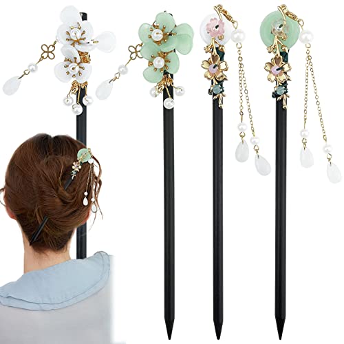 Hair Sticks 4 Stück Haarstab Haarstäbchen Haarnadel Japanisch Holz Vintage Chinesischer Haarschmuck Schmetterlingsblume Perlenverzierung Passend Für Damen Und Mädchen Mit Langem Haar (A)
