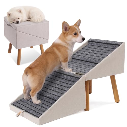 17.13 H Dog Stairs for Small Dogs 2-in-1 Pet Steps & Ottoman - Foldable Dog Stairs for Couch Non-Slip Wooden Pet Stairs for Puppy Senior Injured Dogs