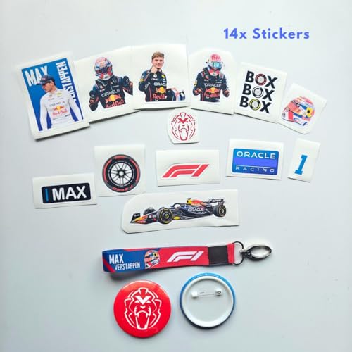Image of TenorArts Max Verstappen F1 Gift Box Merchandise for Fans - 5x7 Inches Laminated Photo Frame,1 Keychain, 1 Badge, 4 4x6 inches Posters, 10 Multi sized F1 Stickers - 5 items in 1 Box | Perfect for Gifting F1 Fans