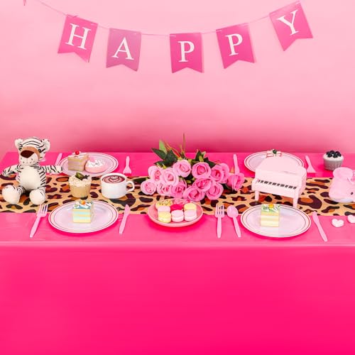 Image of Buryeah Leopard Print Tablecloth 54 x 108'' Leopard Plastic Table Cover Disposable Safari Animal Cheetah Print Party Decorations for Baby Shower Wedding Birthday Party Favors(Hot Pink,6 Pcs)