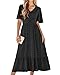 BebreezChic Sommerkleid Damen Lang Boho Elegant Kurzarm V-Ausschnitt Hohe Taille Swiss Dot Gerafft Blumen Strandkleid Maxikleid, Schwarz L