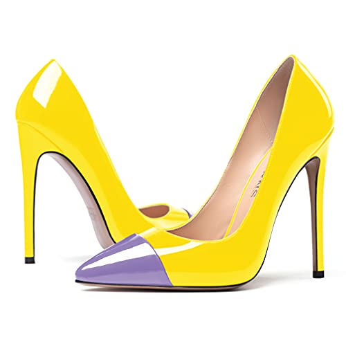 WAYDERNS Women's Patchwork Pointed Toe Solid Patent Slip On Stiletto High Heel Pumps Shoes 4.7 Inch 6