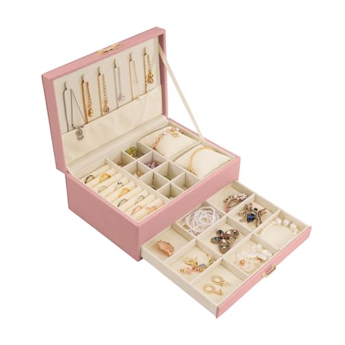 MOSISO Caja de Joyería para Mujeres, Gran Organizador de Joyería Cajón Cajón Almacenamiento Cuero PU con 2 Capas de Pantalla para Pendientes Pulseras Anillos Collares Reloj Titular,Rosa