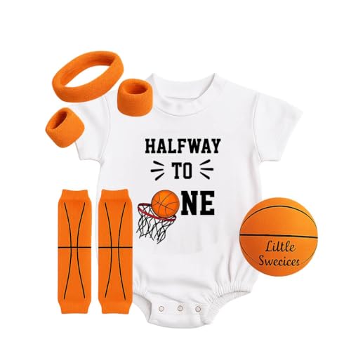 Half Way To One 6 Month Birthday Bodysuit Basketball Net Design Bubble Romper Outfit Headband Wristbands Leg Warmers