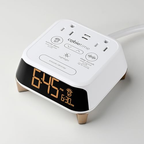 Brandstand CubieTime Zen - White (Latest Model) - White Noise/Sleep Sounds Alarm Clock Charger with 2 USB-C Ports 2 Power Outlets Night Light