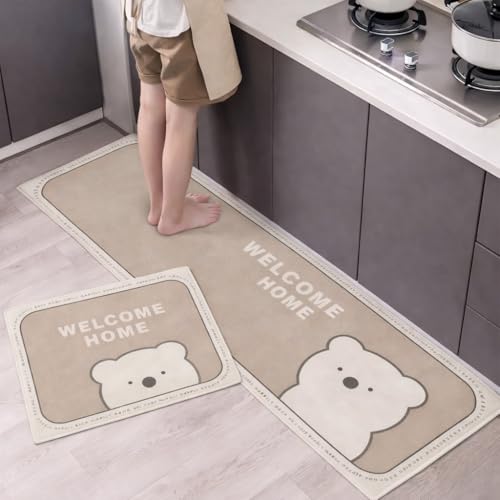 Image of HomeCloud Kitchen Rectangular Mat: Premium Anti-Slip, Soft, Washable, Designer Printed Mat for Floors, Kitchens, and Rooms - (6mm Thick, 41x122 cm and 41x61cm) (Welcome Home Beige)