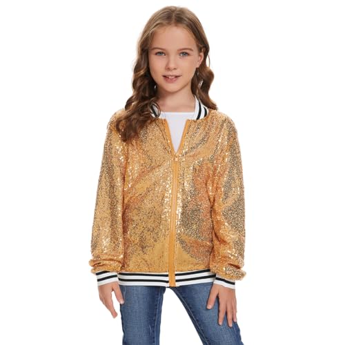 Mowbeat Girls Sequin Jacket Pink Zipper Varsity Jacket for Kids Gold Sparkly Sequin Coat Long Sleeve Glitter Outerwear2