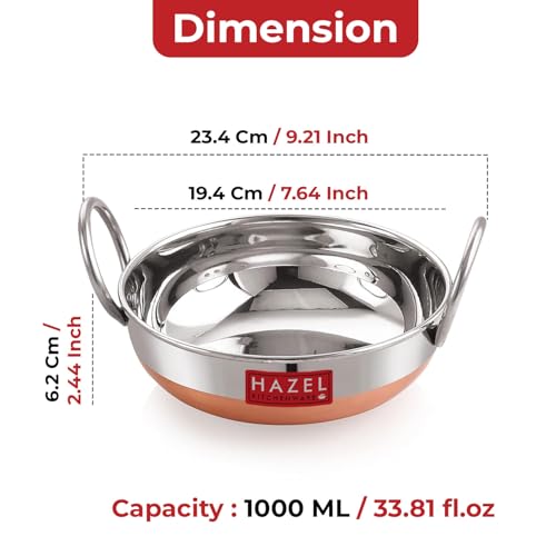 Image of HAZEL Stainless Steel Copper Bottom Kadhai with Glossy Finish, 1000 ml | Heavy Duty Steel Cooking Vessel | Deep Frying Pan Utensil for Kitchen