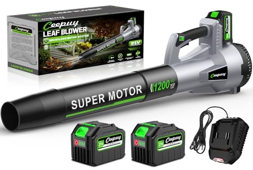 Image of CEEPUY Brushless Cordless Leaf Blower, 735CFM Electric Leaf Blower with 2x6.0Ah Batteries & Fast Charger, 6 Speed Levels, Lightweight Battery Leaf Blower for Lawn Care, Yard, Garden, Patio - Dark gray