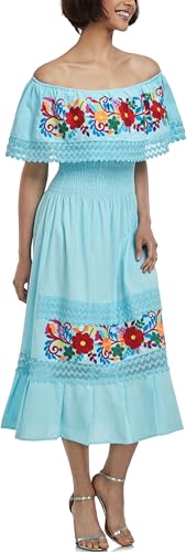 Image of YZXDORWJ Women Embroidered Mexican Peasant Casual Sexy Lace Off-Shoulder Long Dress