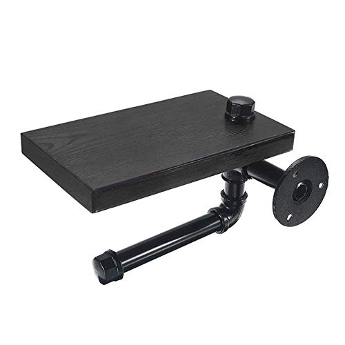 JF-XUAN Bathroom Shelves Industrial Retro Iron Toilet Paper Holder Hotel Roll Paper Hanging Rack Wooden Shelf with Phone Holder Toilet Tissue Box