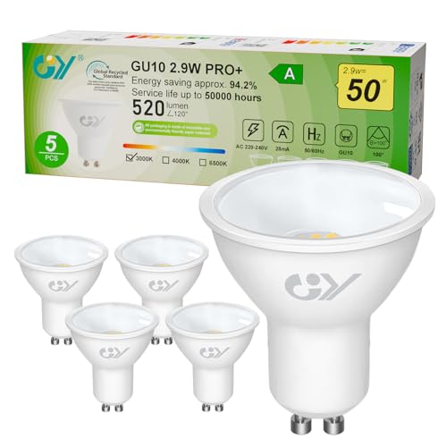 GY 2.9W Bombilla LED GU10 Clase A, 520LM (Eq. 50W) 3000K Blanco Cálido, No Regulable, No Parpadean, 100 Grados Ángulo de haz, Bombillas GU10 LED Bajo Consumo, 5 Pieza