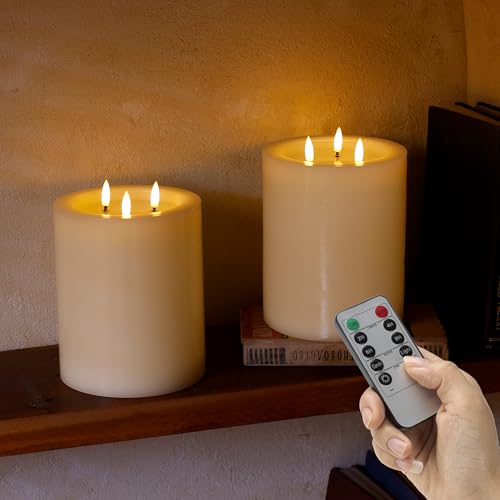 Image of 6 inchx8 inch Large Flameless Candles with Remote, Real Wax Big Battery Operated Candles with 3 Wicks, Flickering LED Pillar Candle for Tables, Mantle, Home, Wedding, Party Decor