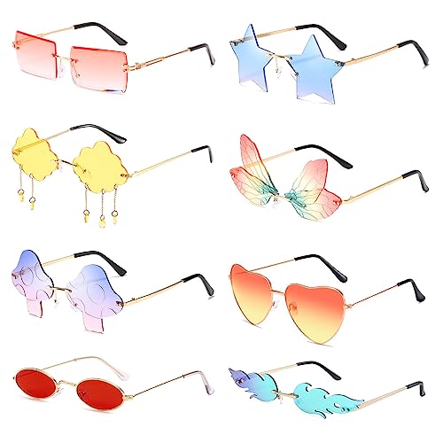 Pibupibu 8 Pack Fun Sunglasses Set, Cool Irregular Party Sunglasses Heart Shaped Star Flame Cloud Butterfly Mushroom Oval Rectangle Rimless Funky Glasses Party Favors