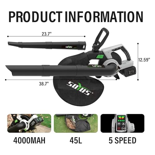 Cordless Leaf Blower&Vacuum SOYUS 3in1 Leaf Vacuum Mulcher 40V 360CFM 5 Speeds Brushless Battery Operated Leaf Blower for Lawn Care with 45L Bag (2 x 4.0Ah Battery and Charger Included) - Thumbnail 7