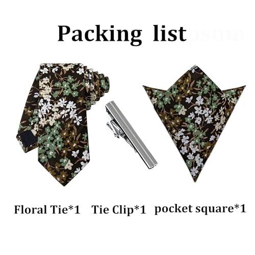 Image of YourTies Cotton Floral Tie for Men 2.5 inch Printed Skinny Necktie Pocket Square Tie Clip Set Flower Wedding Party Groom