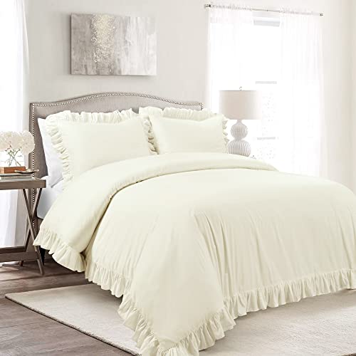 Image of Lush Decor Reyna Ruffle Cotton Duvet Cover Set 3 Piece Set King, Ivory - King Size Bedding Set - Cream Duvet King - Ruffled Bedding - Coquette Decor