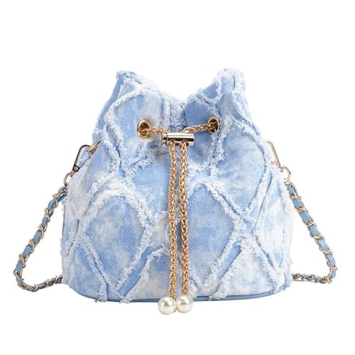 Small Denim Bucket Bag, Jean Purses for Women Denim Crossbody Bags Hobo Bag Drawstring Handbag