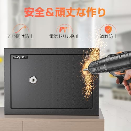 WASJOYE 家庭用金庫 小型金庫 キーロック式 セキュリティーボックス 業務用 店舗用 会社用 防犯箱 保管庫 A4用紙に対応 仕切り板付き 鍵付き 壁・床に固定可能 日本語取扱説明書付き (22.0L) の商品画像 2
